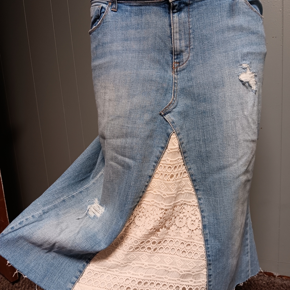 Old Navy Blue Denim Skirt with Cream Lace Insert